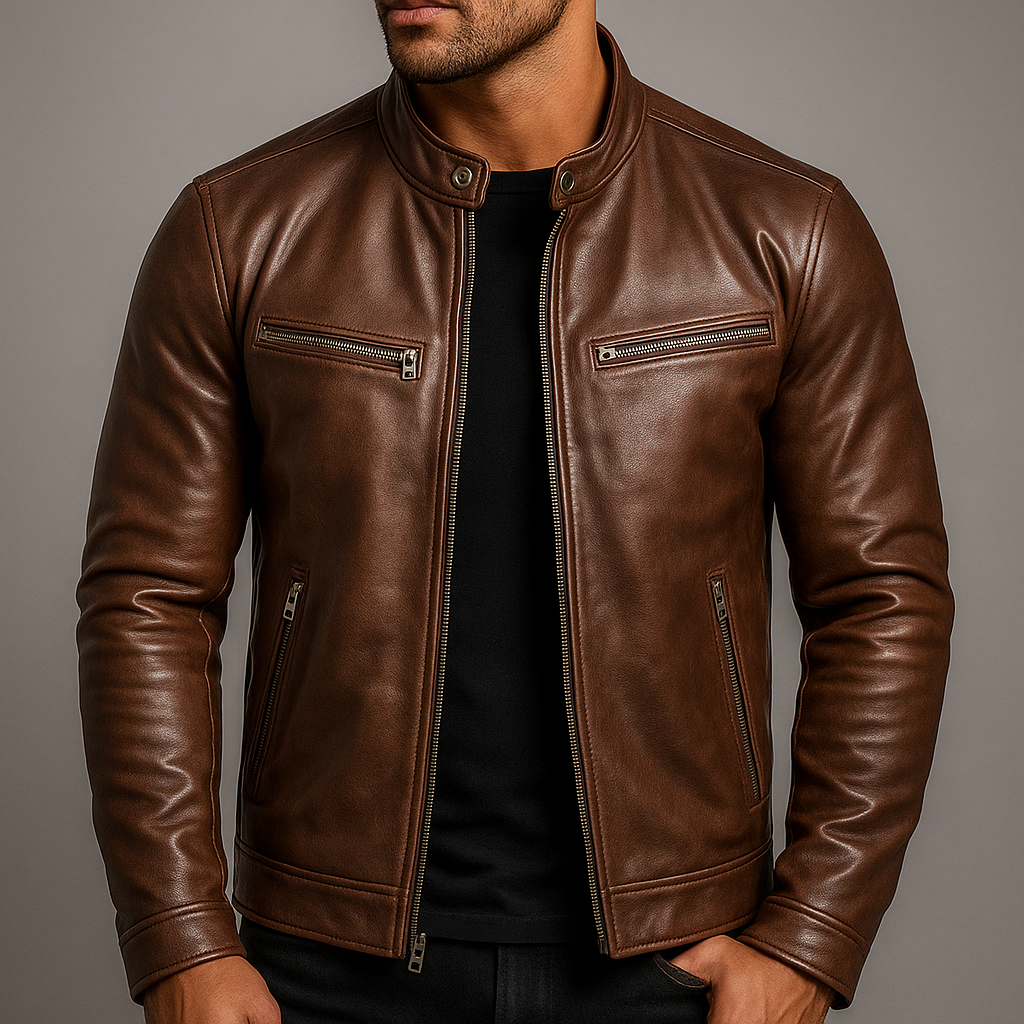 Men's Vintage Leather-Look Jacket with Four Pockets
