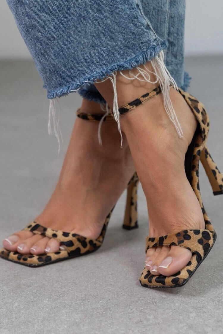 Leopard Print Square Toe Ankle Strap Heels