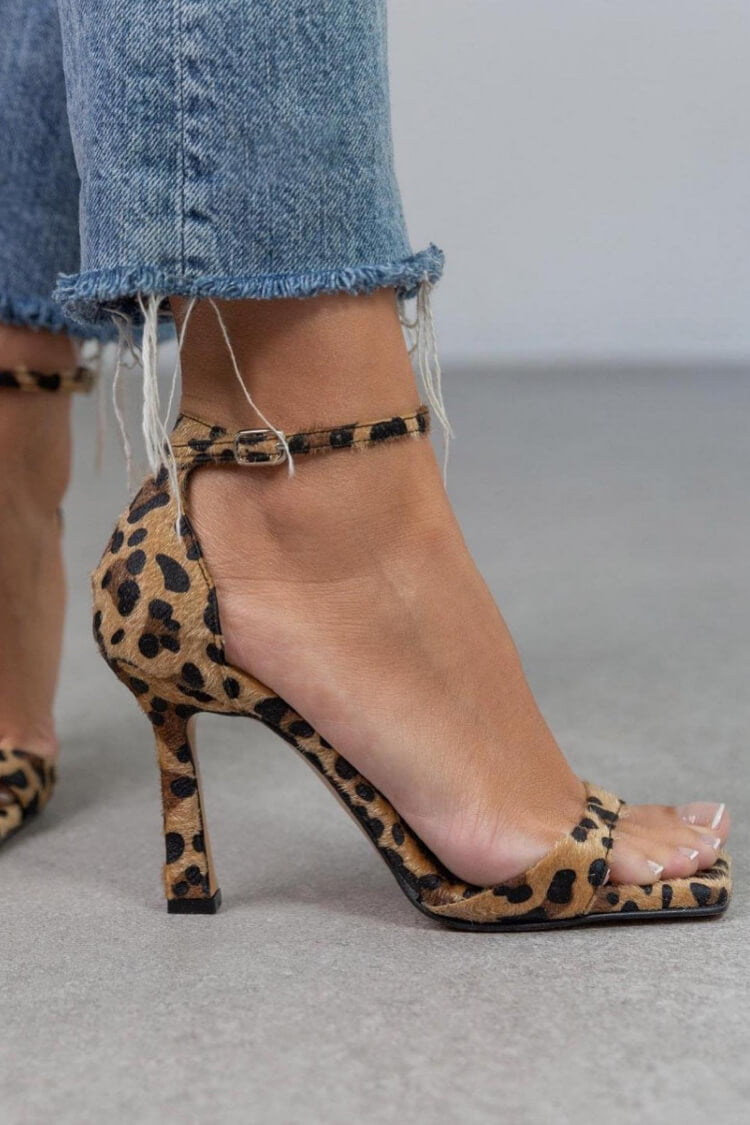 Leopard Print Square Toe Ankle Strap Heels