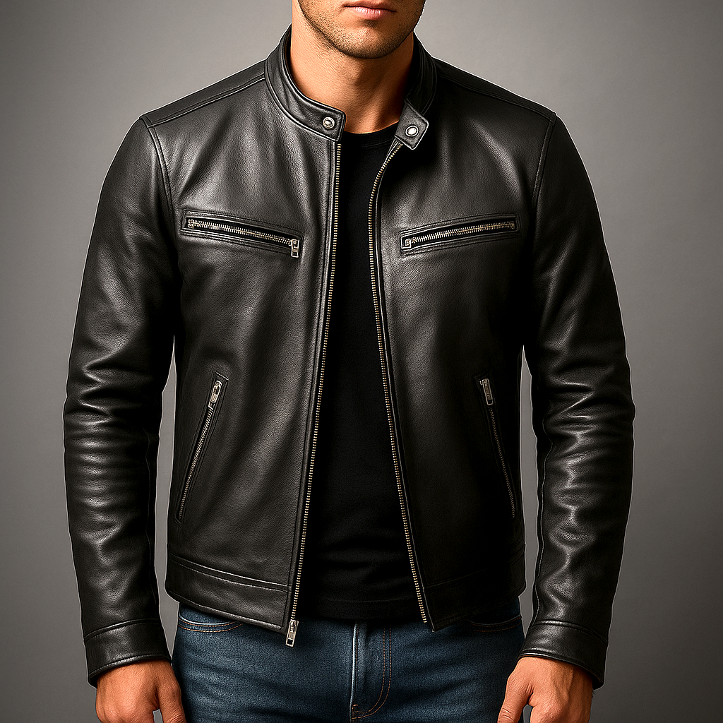 Men's Vintage Leather-Look Jacket with Four Pockets