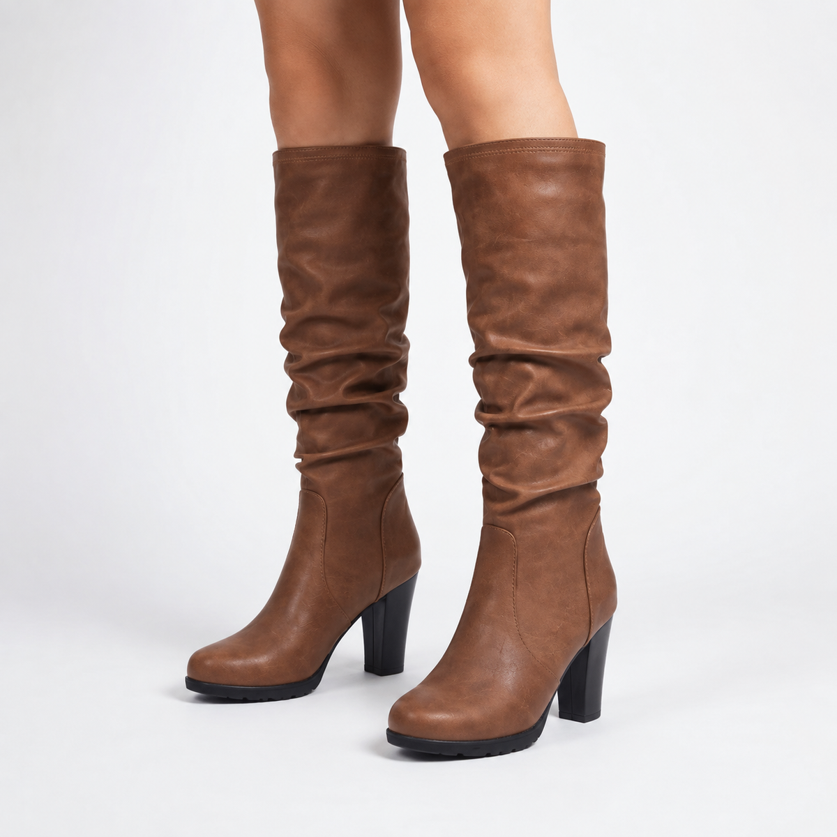 Brown Heeled Leather-Look Knee High Boots with Stiletto Heel