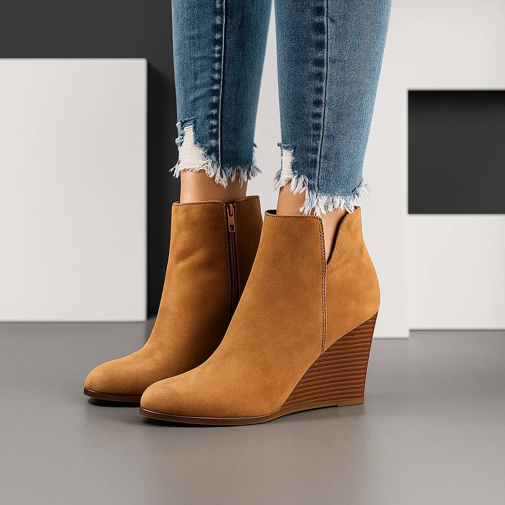 Chic Suede-Look Wedge Ankle Boots with Side Cut-Out