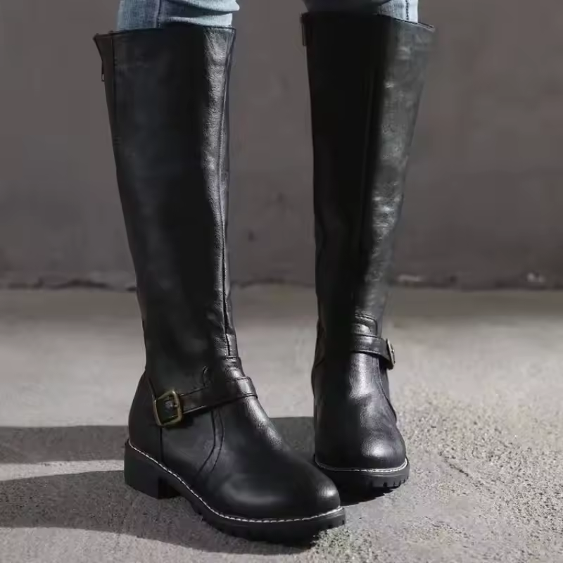 Classic Leather-Look Knee High Boots with Buckle Strap and Block Heel