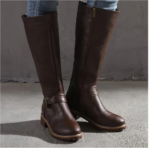 Classic Leather-Look Knee High Boots with Buckle Strap and Block Heel