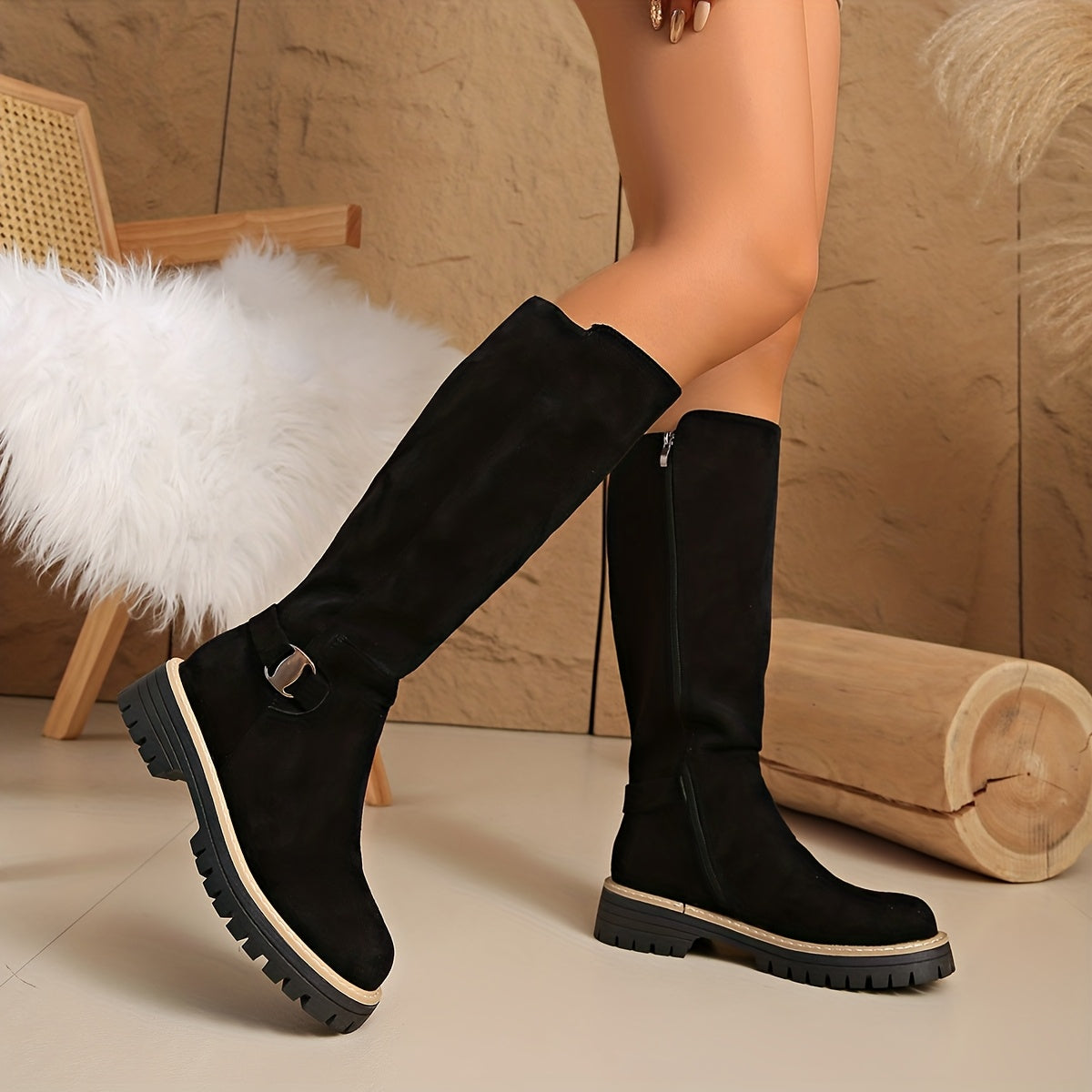 Flat Knee High Suede-Look Boots with Buckle Detail and Lug Sole