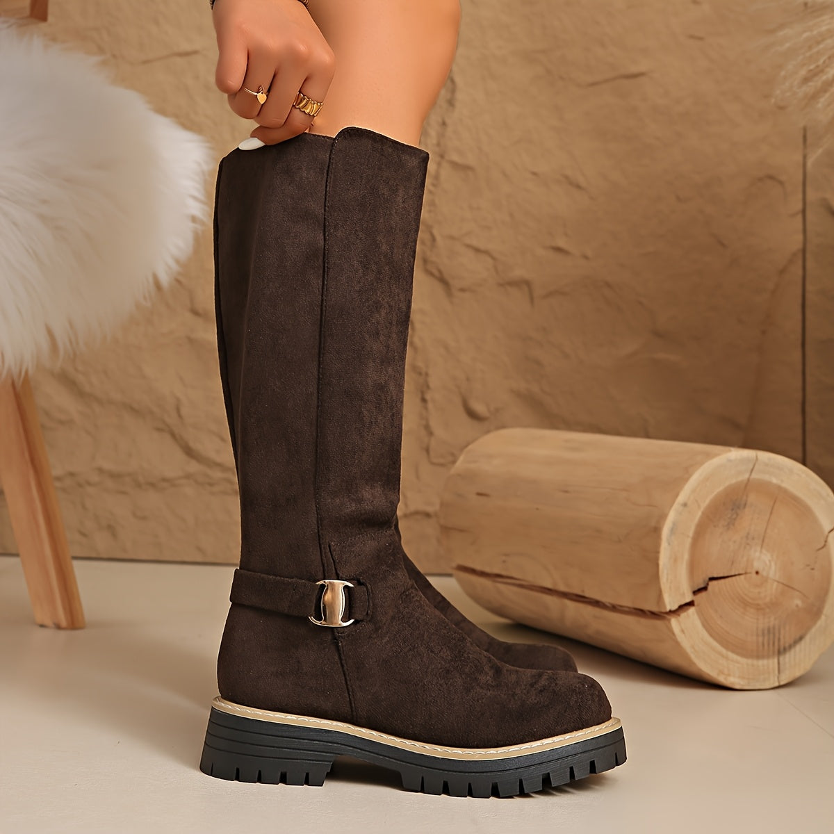 Flat Knee High Suede-Look Boots with Buckle Detail and Lug Sole