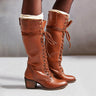 Knee High Lace-Up Leather-Look Boots with Block Heel