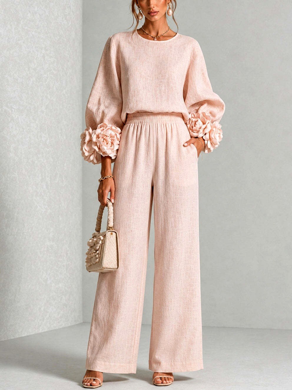 Almira - Women's Puff Sleeve Wide Leg Pant Set with Floral Cuffs