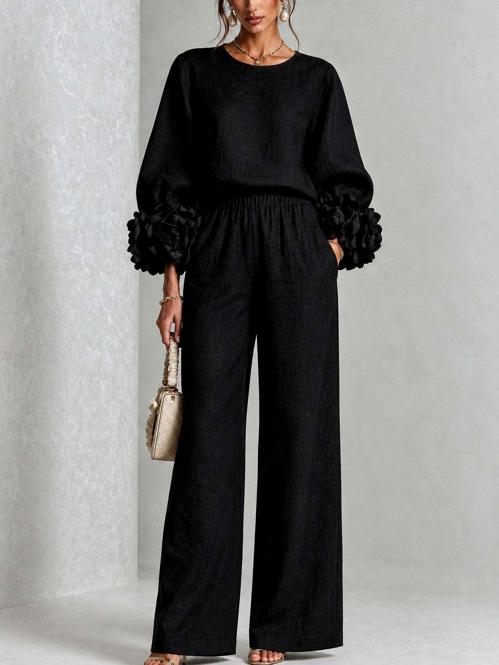 Almira - Women's Puff Sleeve Wide Leg Pant Set with Floral Cuffs