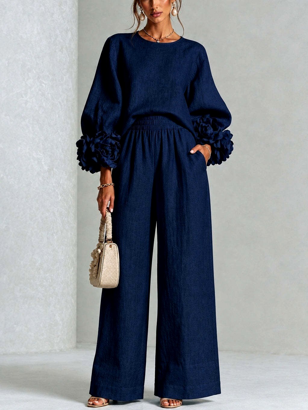 Almira - Women's Puff Sleeve Wide Leg Pant Set with Floral Cuffs