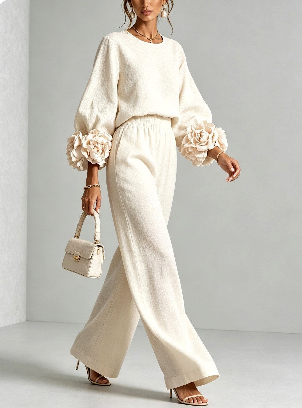 Almira - Women's Puff Sleeve Wide Leg Pant Set with Floral Cuffs