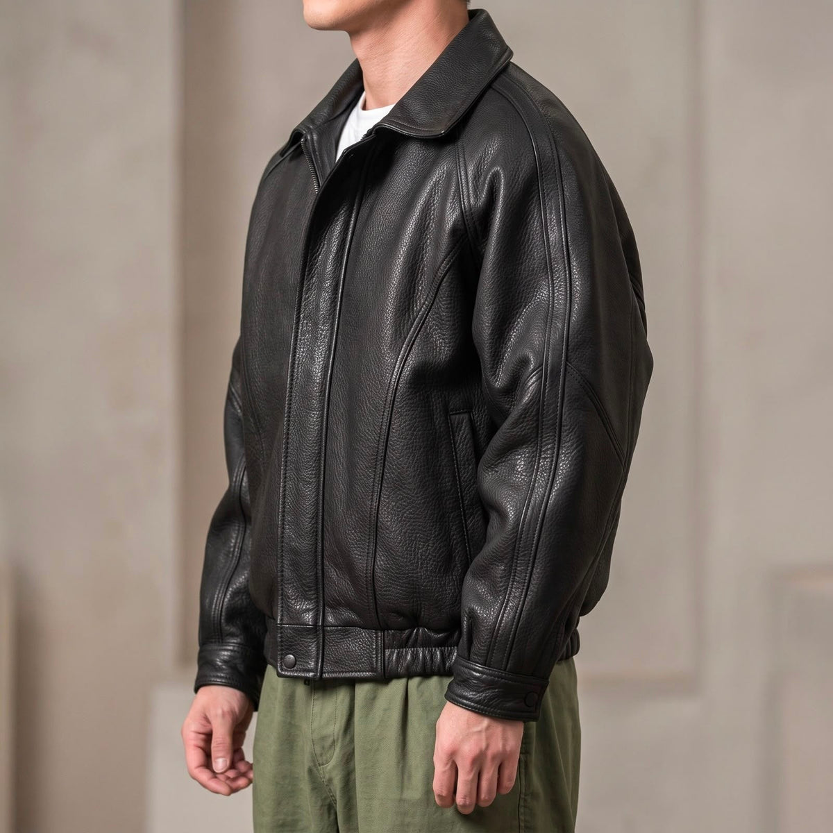 Men's Leather-Look Zip Jacket with Structured Collar