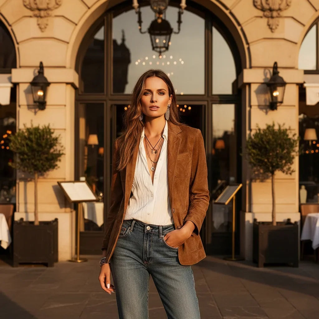 Button-Down Suede-Look Blazer for Women