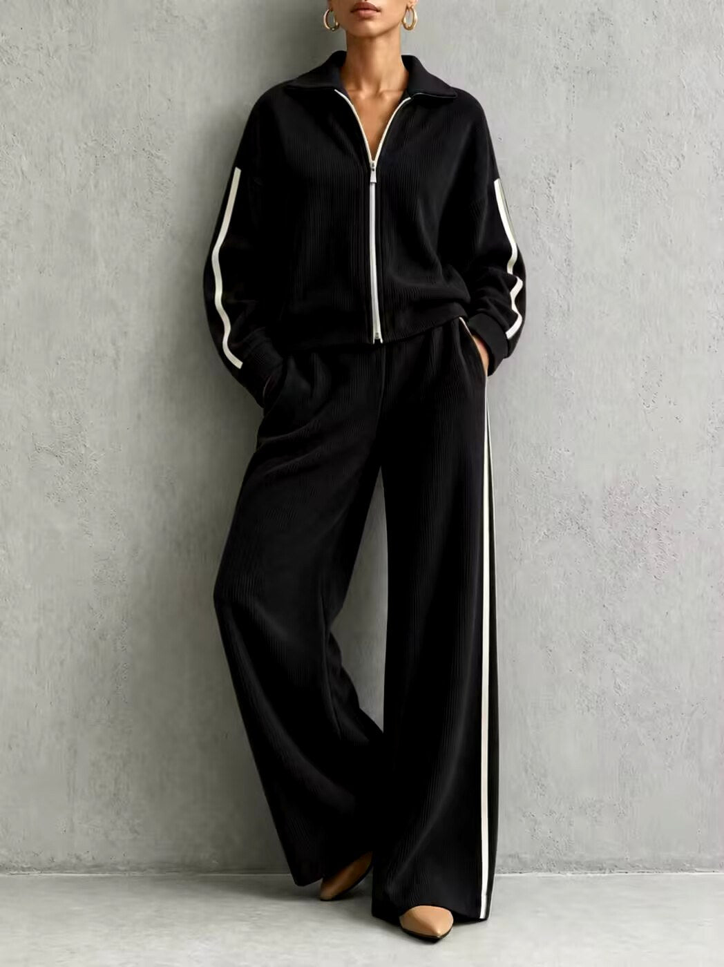 Kendall - Women's Ribbed Zip-Up Two-Piece Lounge Set